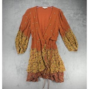 Super Natural Boho Dress Rust Floral Mini Layered Size Medium Tassel Tie